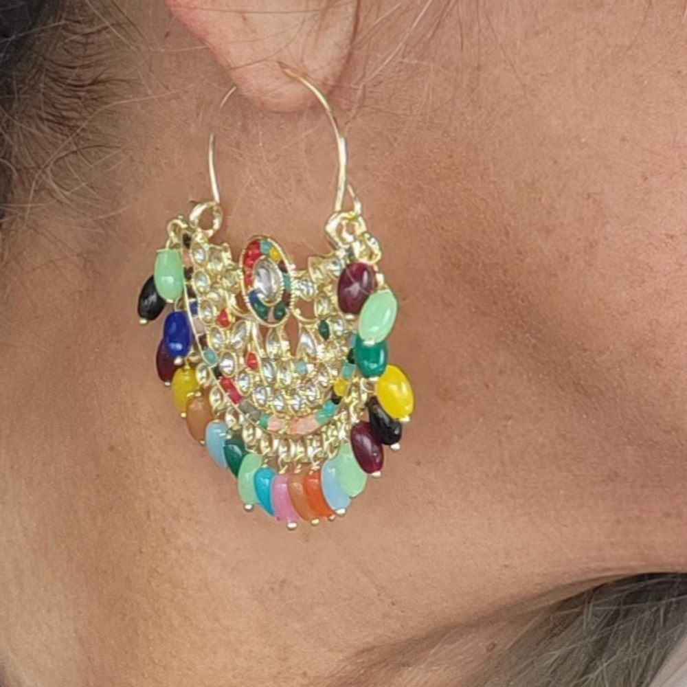 š„SALEš„Multi-color Beaded Boho Festival Embellished Earrings, gold tone - Picture 3 of 5